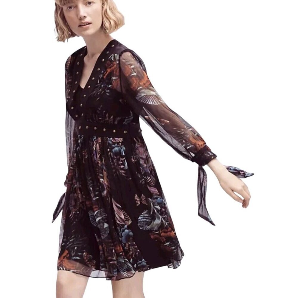 Anthropologie Maeve Nighttime Florals Sheer Studded Babydoll Dress Size 0
